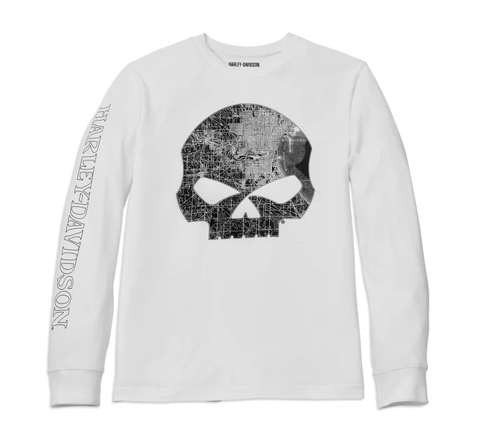 Maglietta a manica lunga Milwaukee Map Skull da uomo - Bright White