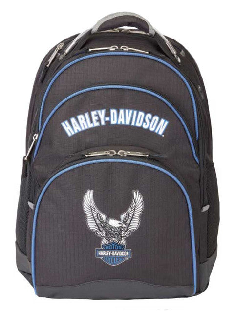Zaino Harley-Davidson® con cinturino in cavo d'acciaio e Harley Eagle, nero con finiture blu
