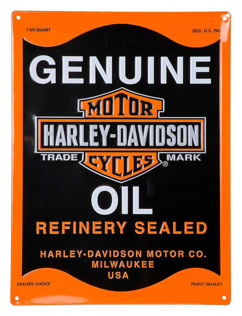 Targa in metallo goffrata Harley-Davidson®, barra e scudo della tanica dell'olio originali