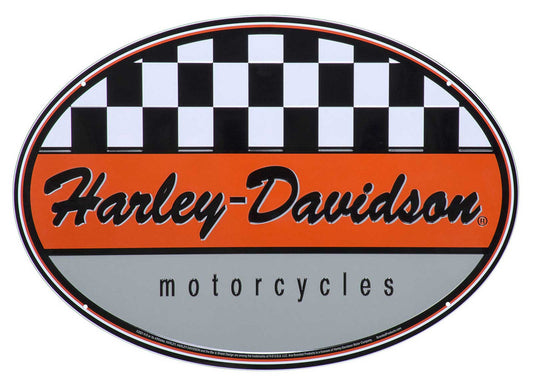 Targa in metallo ovale Harley-Davidson® con logo Racing HD a scacchi in rilievo