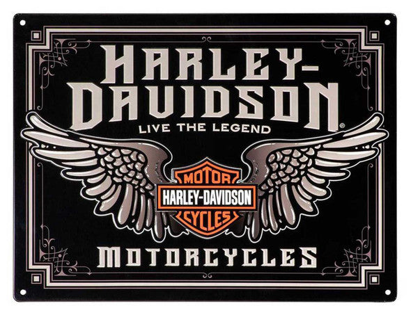 Insegna in metallo con barra alata e scudo Harley-Davidson® in rilievo - nera